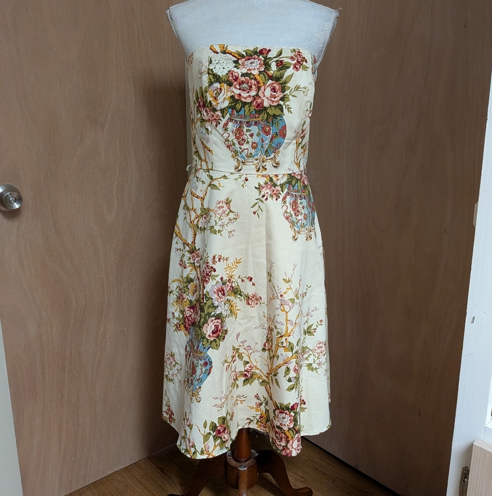 Moda International Strapless Floral Cream Dress with Blue & Pink Accents